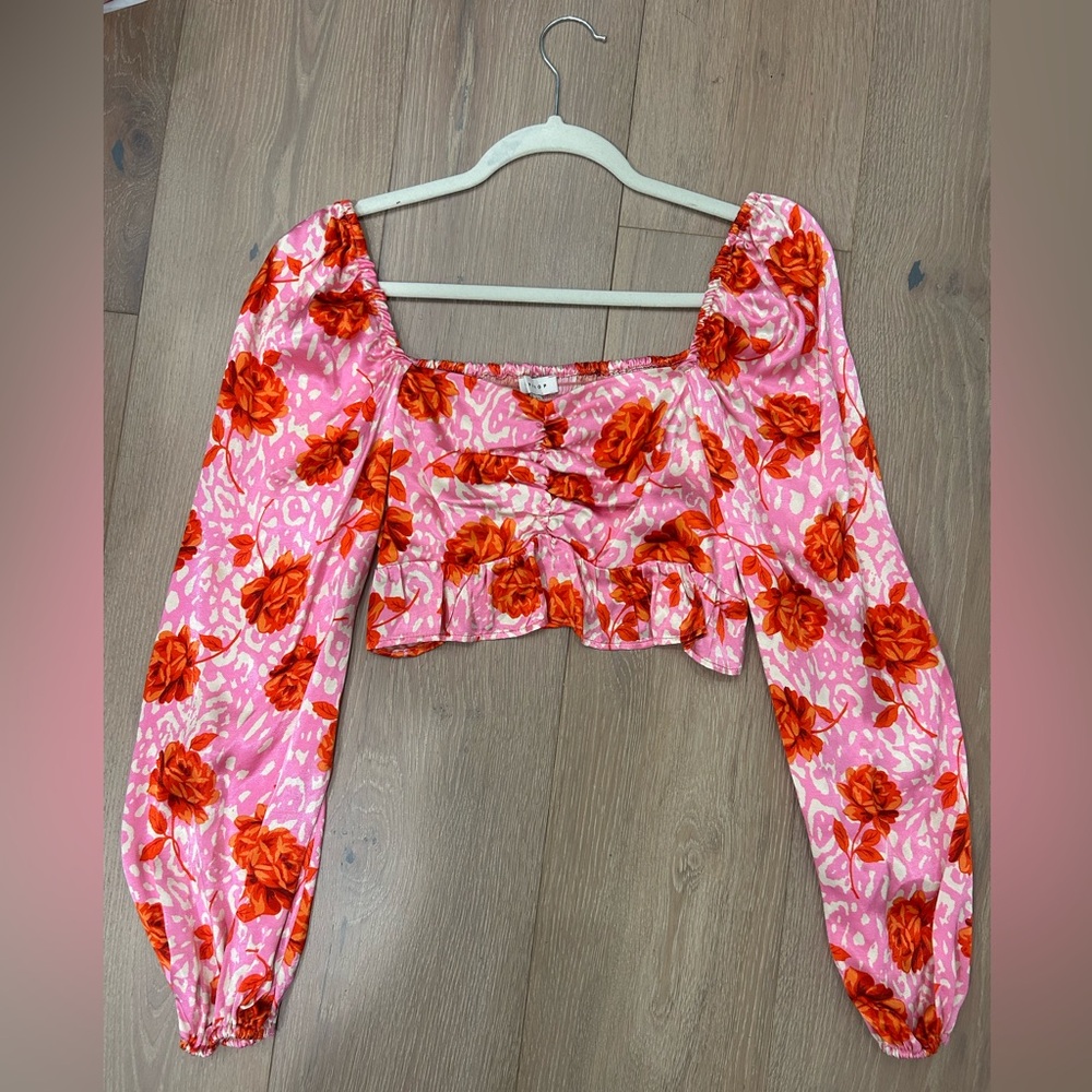 Topshop Pink & Orange Satin Floral Cropped Blouse